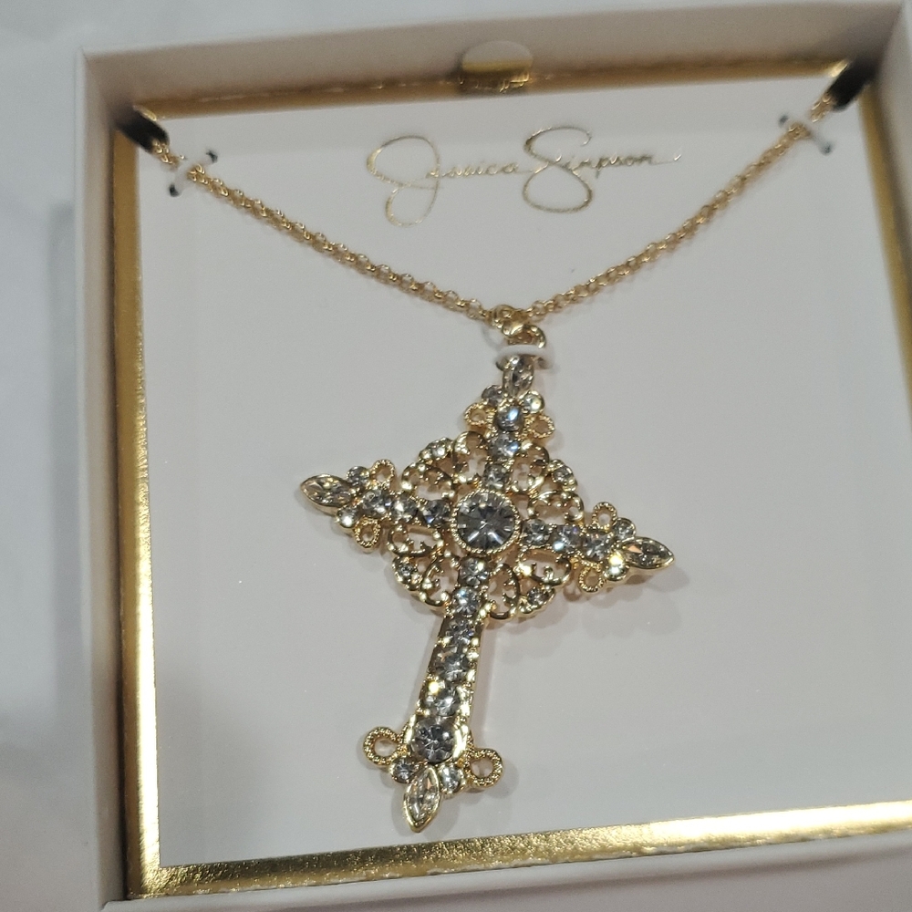 Jessica Simpson‎ gold tone crystal rhinestone cz ornate pendant cross necklace